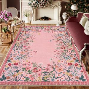 Wonnitar Washable Rug 6x9, Pink Botanical Area Rug for Girls Bedroom, Non-Slip Soft Nursery Kids Room Floral Rug Thin Throw Carpet for Dorm Living Room Decor (Pink,6'x9')