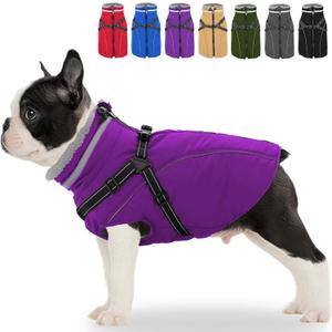 Fragralley Dog Coat with Harness Built in, Waterproof Windproof Reflective Warm Puffer Jacket, Fleece Lined Vest Winter Parka for Small, Medium, Large Dogs (Purple)