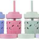Elk and Friends Kids + Toddler Glass Cups | The Original 8oz Glass Mason Jar with Sleeves + Lids | Silicone Straws + Stopper | Smoothie Cup | Food Storage | Spill Resistant | Dishwasher Safe | 4 Pack