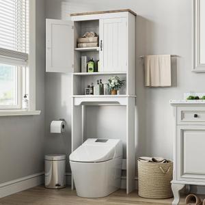 GarveeHome - Over the Toilet Storage Cabinet, 66" Tall Bathroom Space Saving Organizer with Double Doors and Adjustable Shelves for Small Bathrooms, Easy Assembly | Double Doors and Adjustable Shelves Free Standing Toilet Shelf for Small Bathrooms, Easy Assembly, White