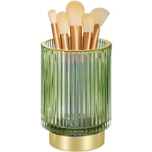 Glass Makeup Brush Holder Organizer, Gold Toothbrush Holders for Bathroom, Green Makeup Brush Holder Cup for Vanity, Desktop Crystal Eyeliners Eyebrow Pencil Storage Cup Holder