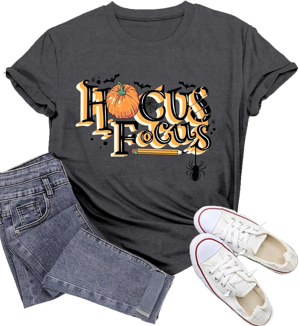 Halloween Shirts for Women Hocus Focus T-Shirt Halloween Pumpkin Tee Tops (XXL)