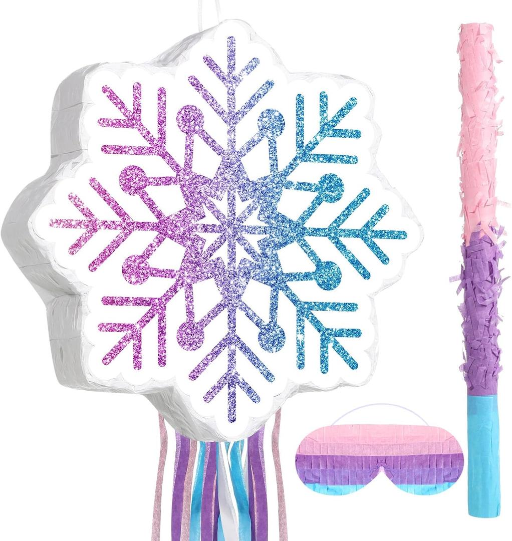 Winter Piata Christmas Wonderland Themed Piata with Blindfold Bat for Christmas Princess Winter Theme Birthday Party Supplies Decorations(Pink, Blue,Snowflake)