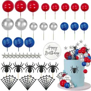 Morofme Spider Cake Topper Spider Web Cupcake Decorations Spiders Theme Cake Decor Glitter Happy Birthday Toppers Stars Red Silver Blue Balls Cupcake Topper for Boys Men Baby Shower Party Supplies