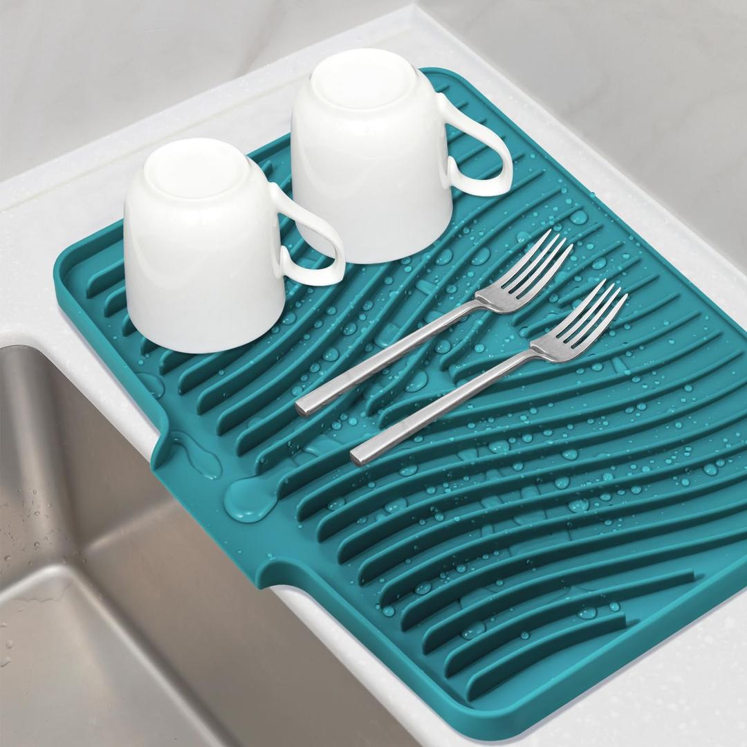 Dish Drying Mat for Kitchen Counter, with Built-in Drain Lip, Food-Grade Silicone, Easy Clean Pad for Countertop Protection, Multi-Functional Use (18x11.8, Green)