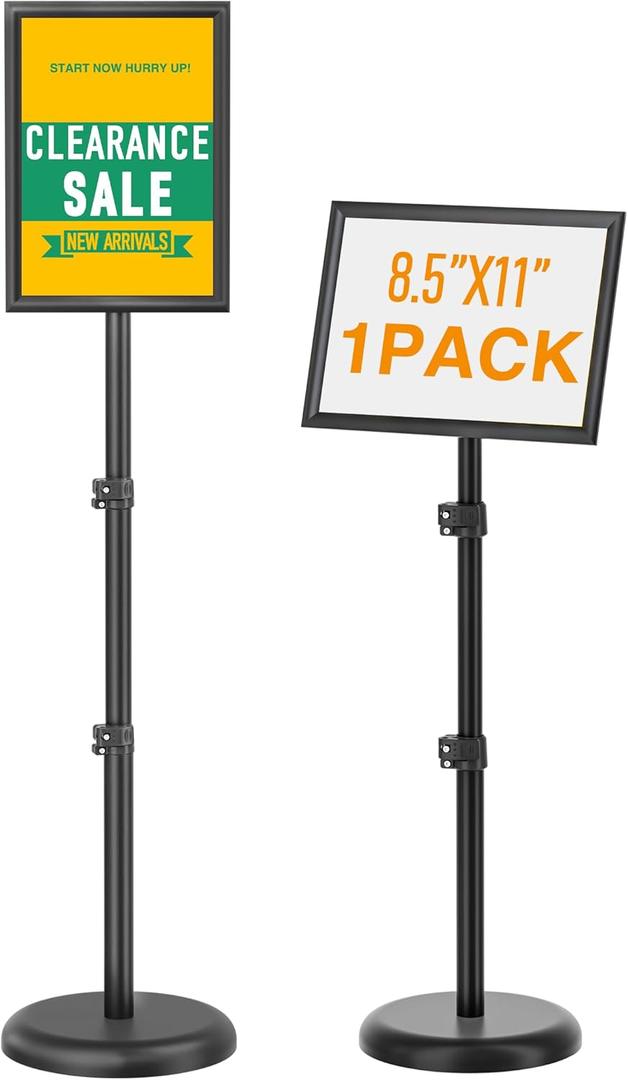Sign Holder Stand 8.5x11 inch, Adjustable Floor Standing Sign Holder, Heavy Duty Sign Stand for Display, Fillable Retractable Poster Stand for Malls, Schools, Restaurants (1Pack) (Black)
