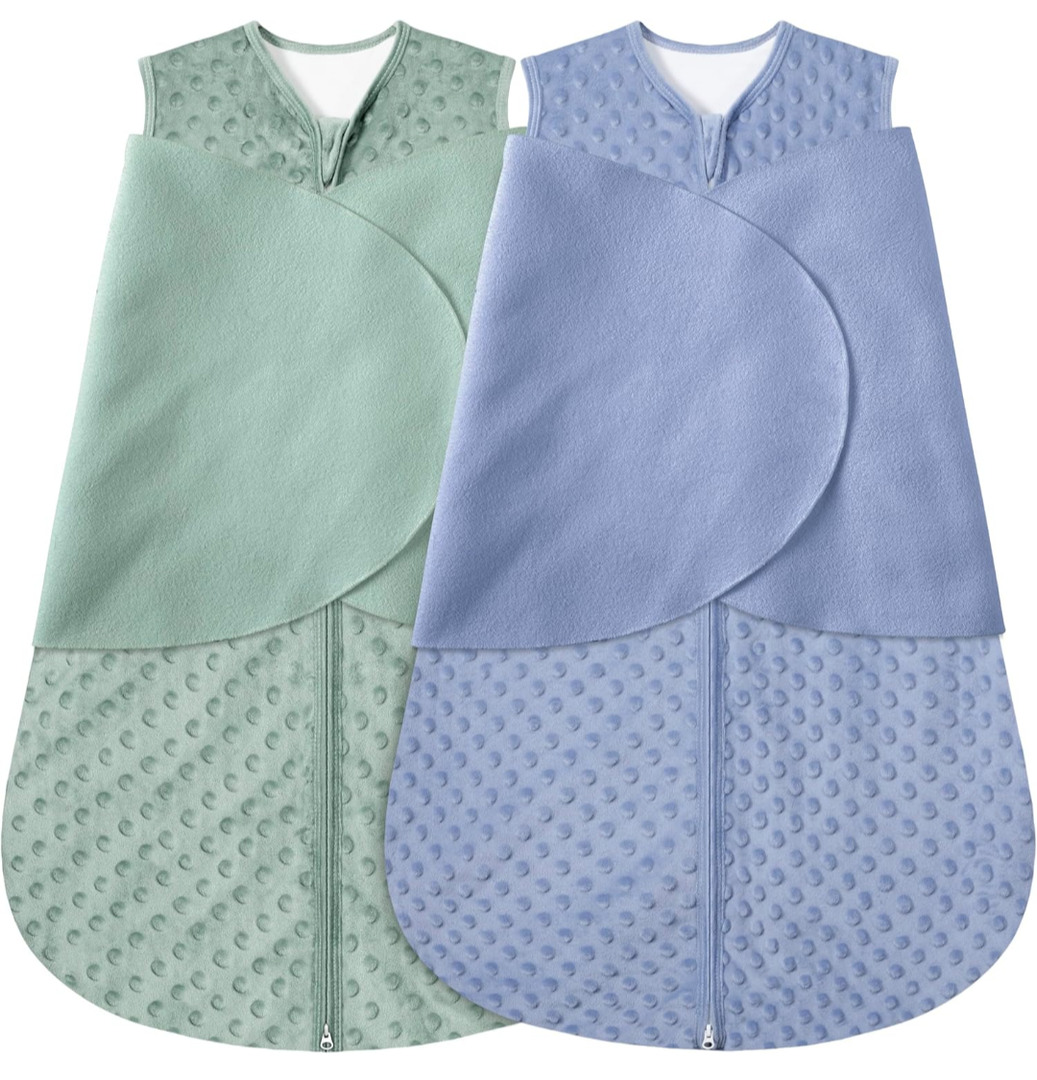 Fleece Newborn Sleep Sack Baby Swaddle,3-Way Adjustable Wearable Blanket,2 Pack Fleece Swaddling Sleeping Bag TOG 2.0， (Blue&Green, 3-6 Months)