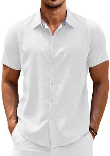 COOFANDY Mens Linen Shirt Casual Short Sleeve Button Down Shirts Summer Beach Vacation Tops, S