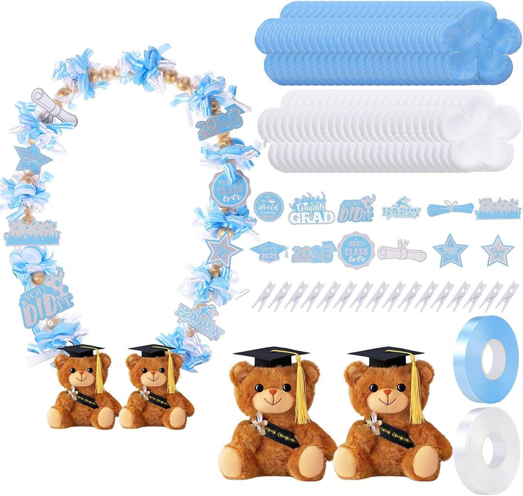82 Pcs 2025 Graduation Candy Leis Making Kit DIY Netting Tubing Stuffed Plush Bear Ribbon Grad Glitter Card Candy Lei for Graduation Congrats Party Supplies(Light Blue, White)
