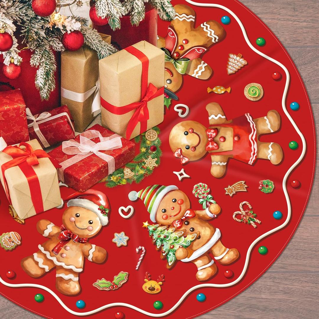 Christmas Tree Skirt 48 Inch Xmas Winter Tree Skirt Christmas Tree Skirt Collar Gingerbread Man Xmas Decorative Tree Mat Rustic Christmas Decorations for Home Office Winter Holiday Party Decor