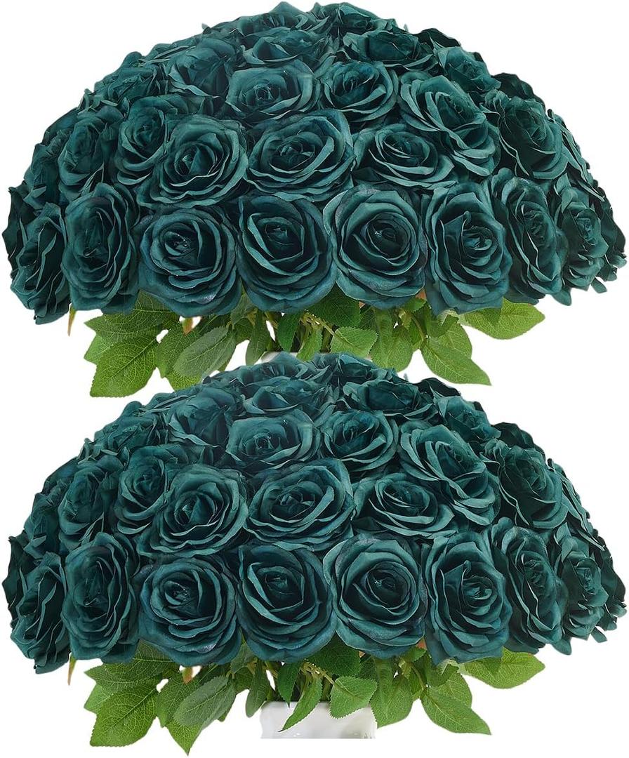 50pcs Emerald Green Roses Artificial Flowers Bulk,Fake Roses Silk Flower with Stems Realistic Flowers for Wedding Centerpiece Home Party Decor