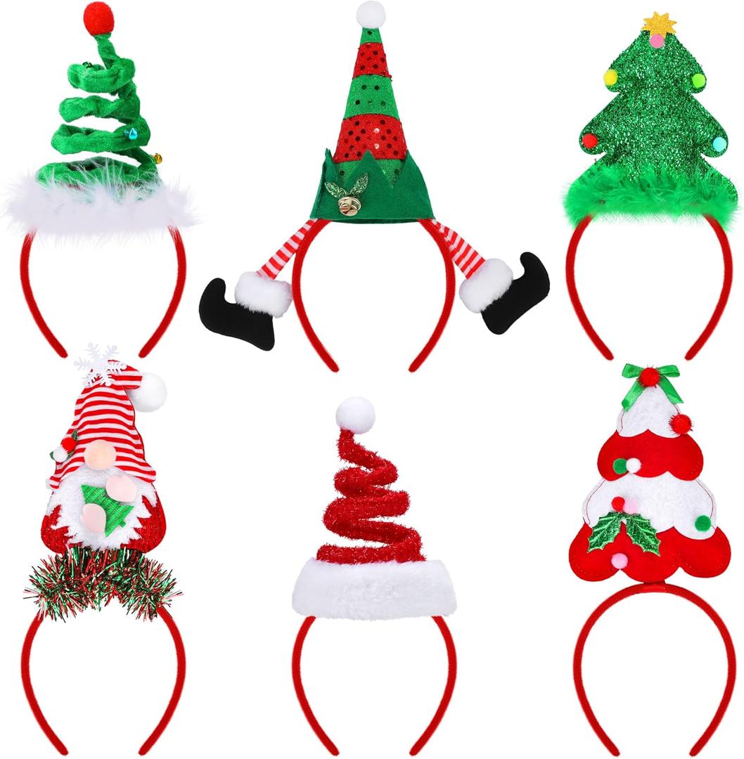 Aodaer 6 Pieces Christmas Headbands Christmas Party Favors Xmas Tree Costume Headbands Elf Hair Hoop for Xmas Party Supplies Holiday Decoration