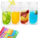 30 PCS Drink Pouches Bags with 30 Disposable Plastic Straws, Hand-held Frosted Translucent Reclosable Zipper Drink Bags Heat-Proof Bag Bottom Gusset