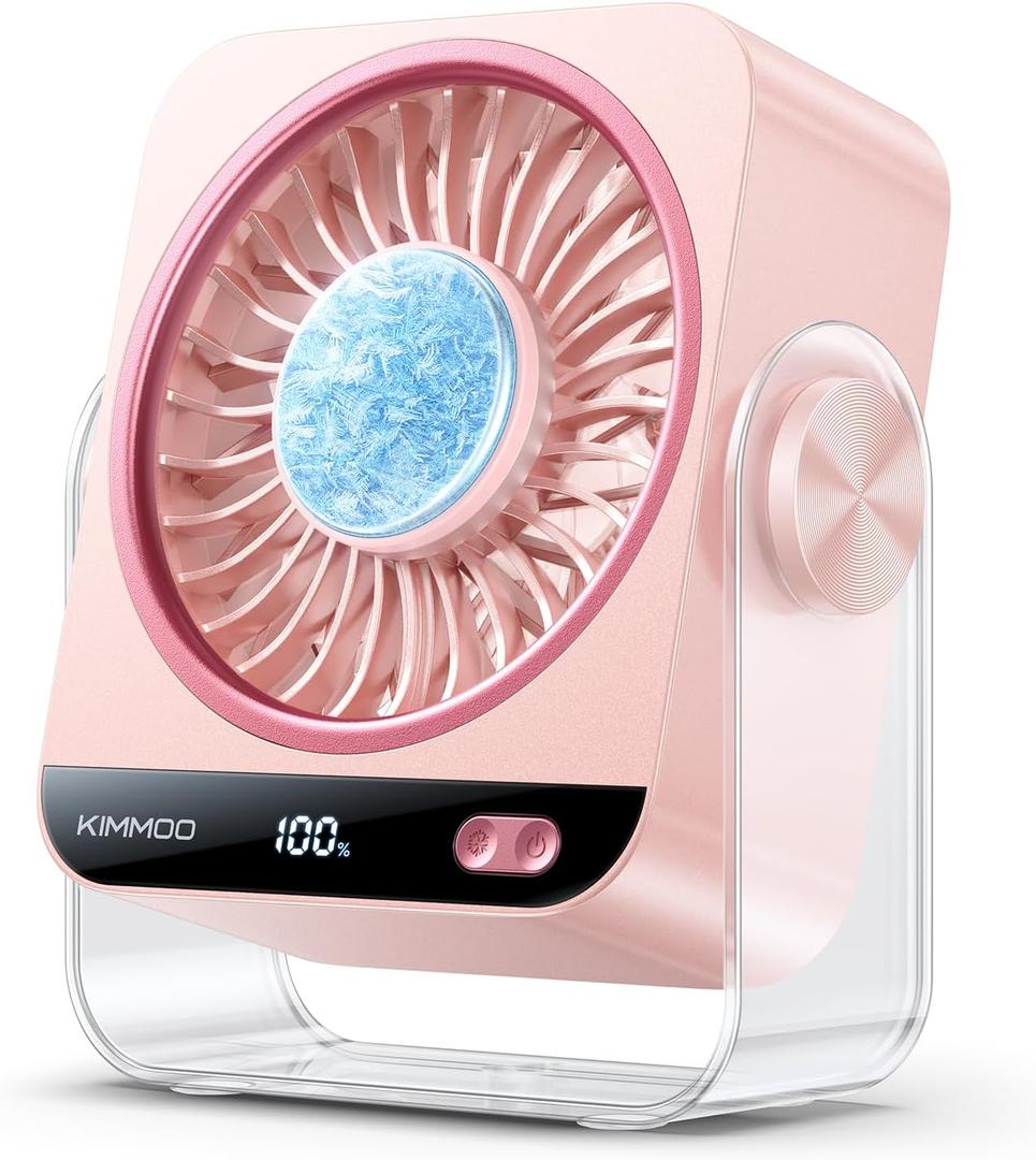 KIMMOO USB Desk Fan for Bedroom, 199 Speeds Turbo Airflow, Portable Fan with Ice Cooling, Digital Display Quiet Table Fan, 270° Rotating Small Rechargeable Battery Desktop Fans for Home Office (Pink)