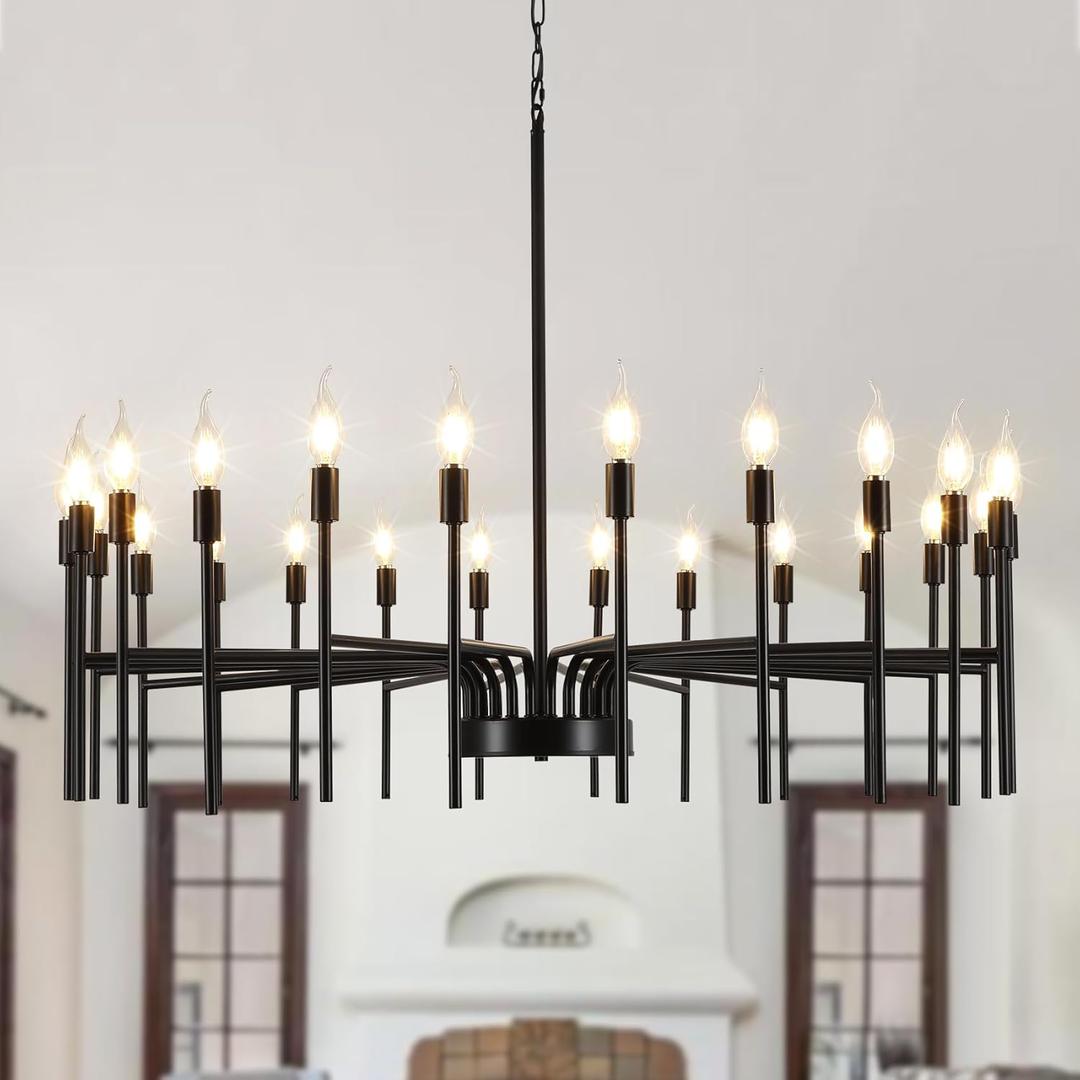 Black Chandelier 24 Light Large Modern Farmhouse Chandeliers for Dining Room Light Fixture, 40" Round Candle Large Chandeliers for High Ceilings Living Room Foyer Entryway