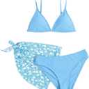 SHENHE Girl's 3 Piece Swimsuits Cute Spaghetti Strap Triangle Bikini with Ditsy Floral Cover Up Teen Bathing Suits (Blue, 9 Years)