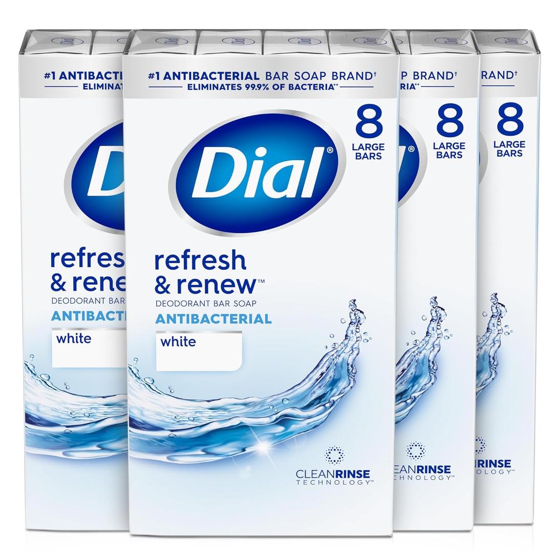 Dial Antibacterial Bar Soap, Refresh & Renew, White, 4 oz, 32 Bars
