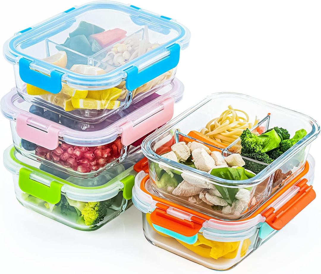 UMEIED Glass Meal Prep Containers 3 Compartment with Lids (5 Pack, 36oz), Divided Glass Storage Containers for Lunch at Work, Leak-Proof Portion Control Food Containers, Microwave/Dishwasher Safe