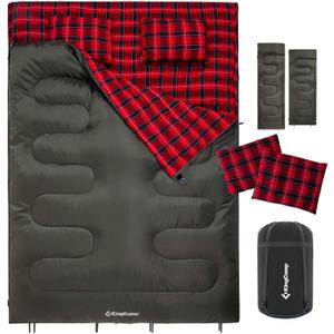 KingCamp Double Sleeping Bag for Adults, Queen Size 2 Person XXL Flannel Sleeping Bag, Waterproof Lightweight Flannel Quilt with 2 Pillows, Perfect for Couples Family Camping Hiking (Envelope-Green)