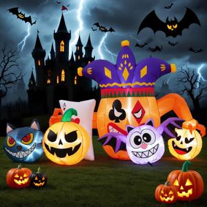 5FT Long Halloween Inflatable Decoration Jester Poker with Black Cat, Pumpkin, Bat, LED Lights Blow Up Halloween Yard Decorations for Outdoor Garden Lawn & Indoor Party Decor (Halloween-02)