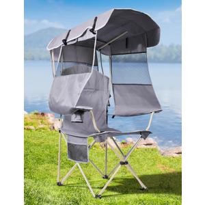 Folding Camping Chair with Shade Canopy for Adults, Canopy Chair for Outdoors Sports with Cup Holder, Side Pocket for Camp, Beach, Tailgates, Fishing - Support 330 LBS (Smoke Gray)