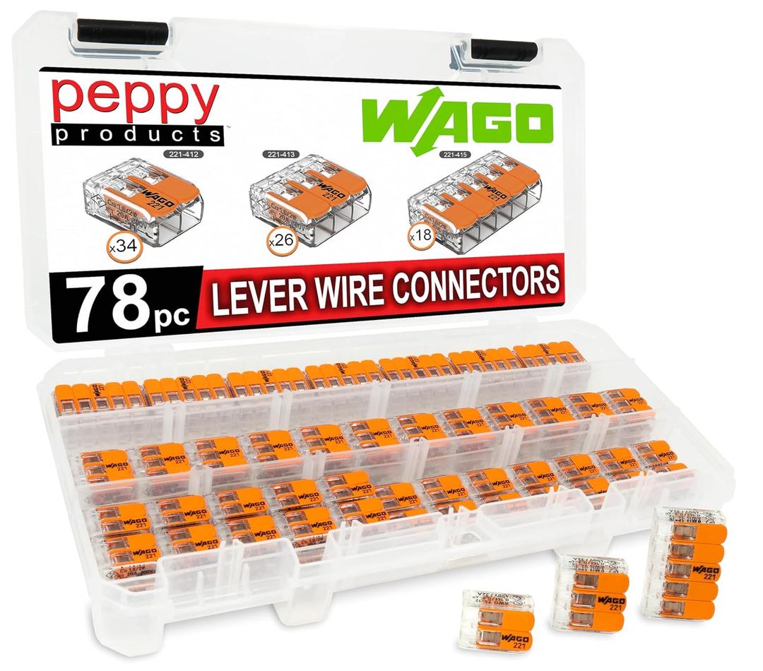WAGO 221 Lever Nuts 78pc Compact Splicing Wire Connector Assortment with Case. Includes 221-412, 221-413, 221-415
