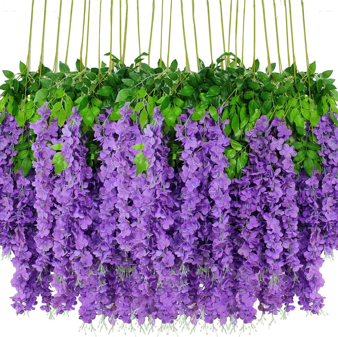 Wisteria Hanging Flowers 12 Pack Artificial Flowers Fake Wisteria Vine Rattan Hanging Garland Silk Flowers String for Party Home Wall Greenery Wedding Decor (12 PCS, Purple)