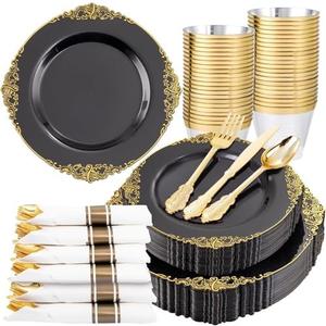 Nervure 175PCS Black Plastic Plates - Disposable Black Gold Party Plates & Pre Rolled Napkins with Cutlery for 25 Guests, 50Plates, 75Silverware, 25Cups, 25Napkin for Wedding & Party