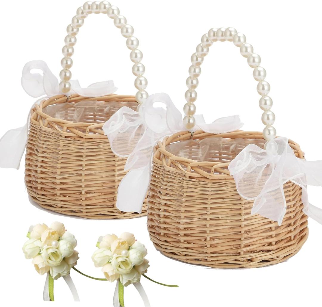2PCS Wicker Rattan Flower Girl Basket with 2PCS Wedding Wrist Corsage, Handwoven Wicker Basket with Pearl Handle Bow Fairy Flower Basket Rattan Basket for Weddings Bridal Anniversary Party Decor (1)