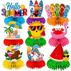 2 x 9Pcs Summer Party Decorations Honeycomb Centerpiece, Hello Summer Birthday Party Decorations, 3D Beach Summer Decorations Honeycomb Centerpiece for Birthday Beach Pool Party Decors