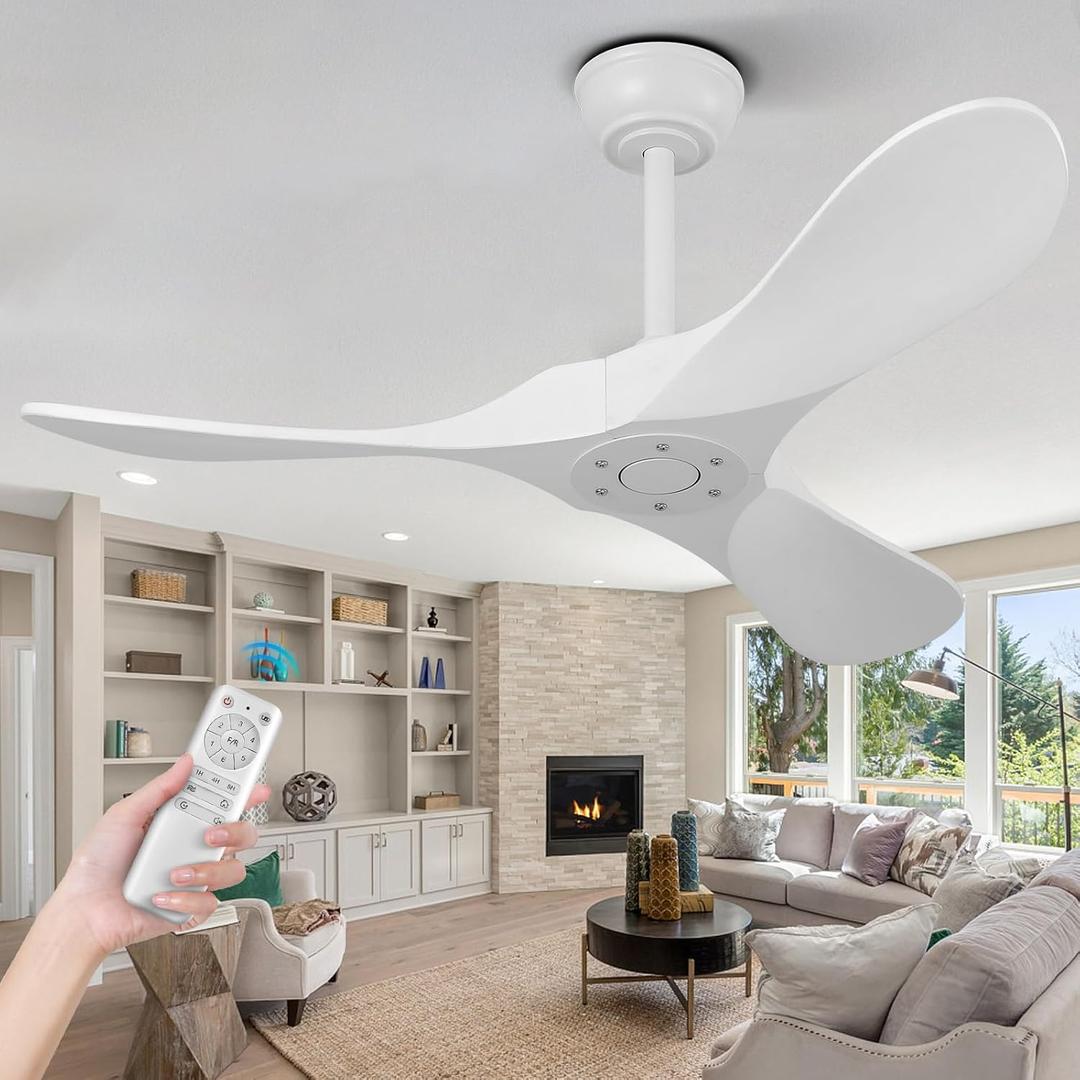 QWO 42" White Outdoor Ceiling Fan No Light, Solid Wood Small Living Room Ceiling Fans Without Lights, Modern Ceiling Fan With Remote For Bedroom