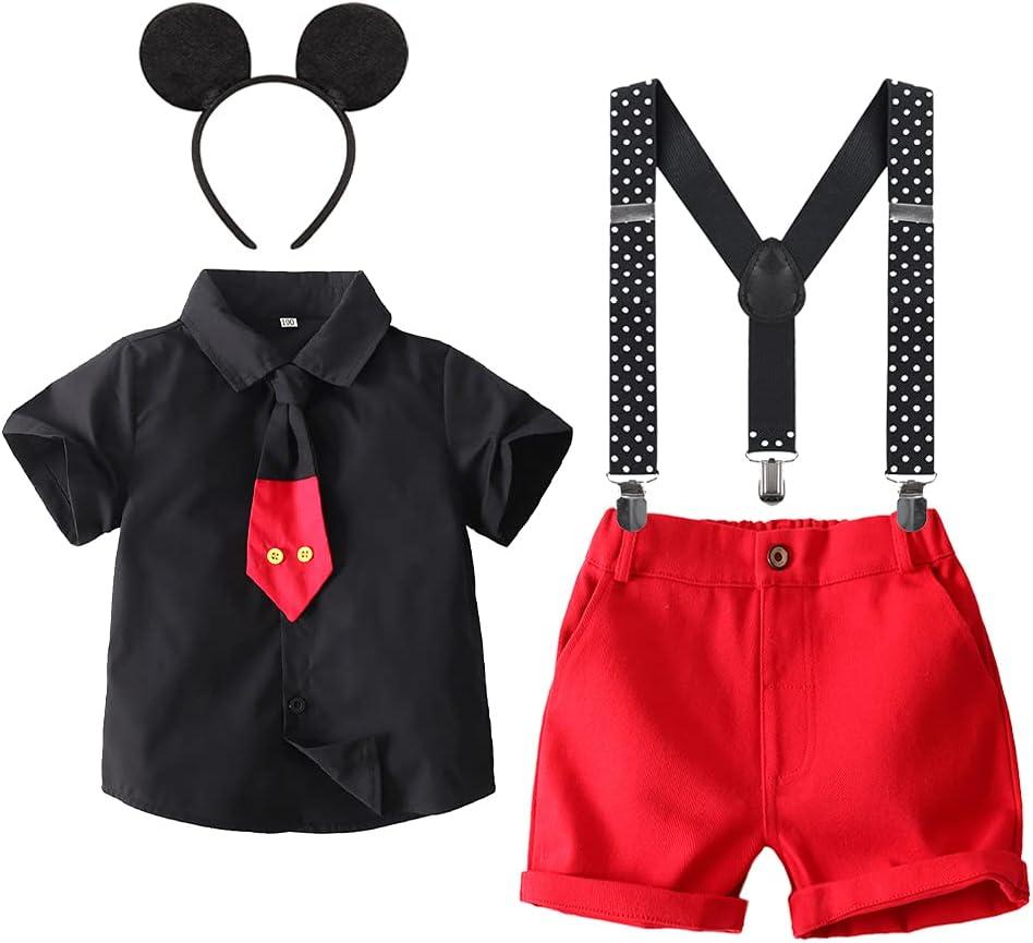 IBTOM CASTLE Cake Smash Baby Boys Cosplay Costume Necktie Shirt + Y-Back Suspender + Short + Headband 4pcs Halloween Gentleman Birthday Party Outfits Set for Kids, Black 3-4T