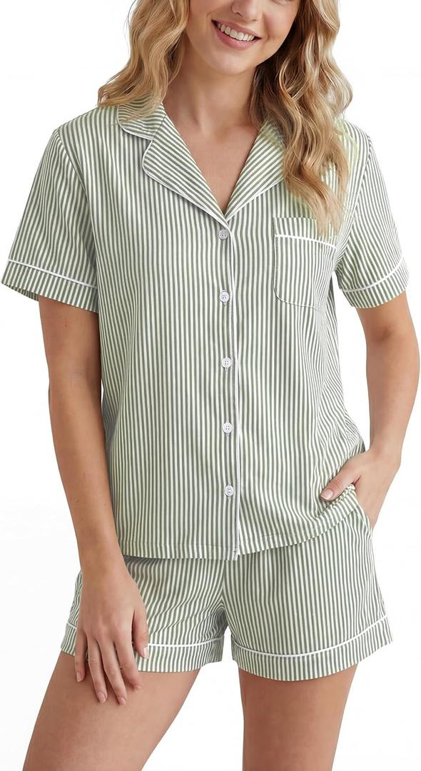 LUBOT 2026 100% Cotton Pajamas for Women PJ Set with Pockets Soft 2 Piece Short Sleeve Button Knit Summer Sleepwear XS-XXL (Green, S)