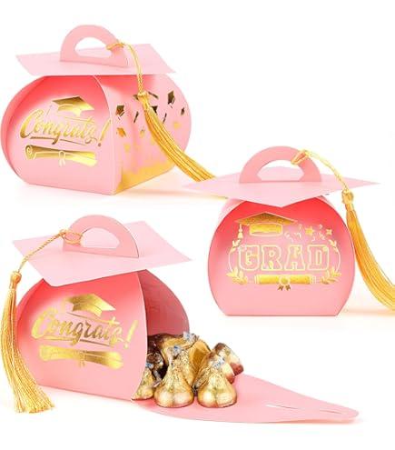 Spakon 30 Pcs Graduation Cap Gift Box Graduation Party Favors Candy Boxes Treat Box with Tassel Table Centerpieces Class of 2025 Grad Decorations (Pink, Gold)