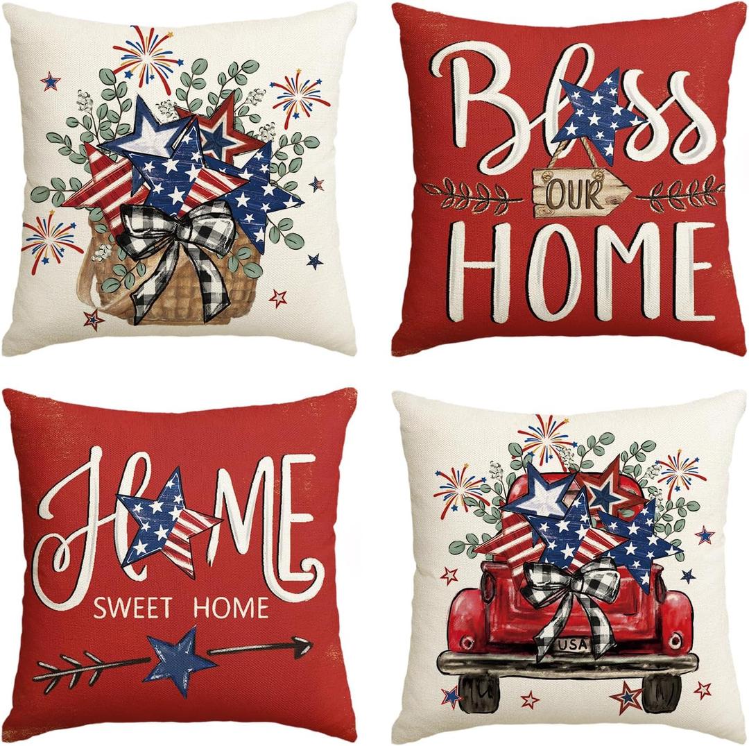 AVOIN colorlife Bless Our Home Eucalyptus Stars Fireworks Car Throw Pillow Covers, 18 x 18 Inch 4th of July Patriotic Independence Memorial Day USA Flag Cushion Case for Sofa Couch Set of 4 (Red)