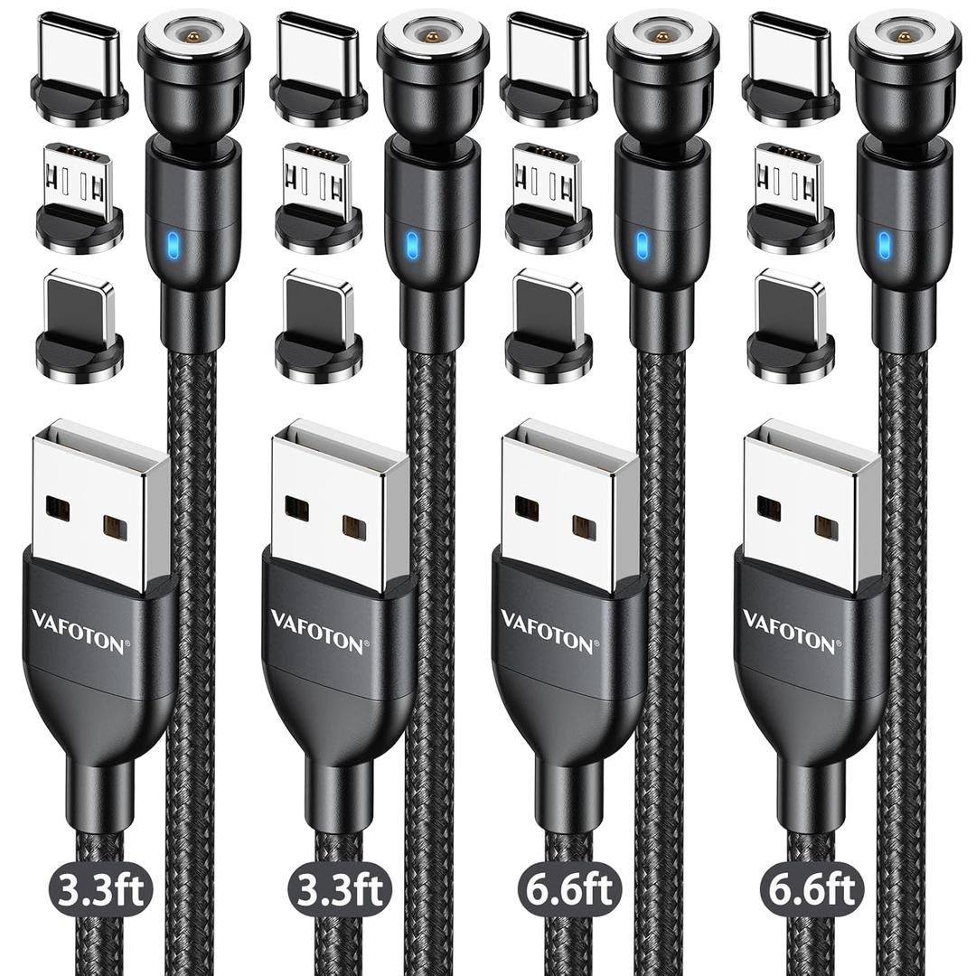 VAFOTON Magnetic Charging Cable, 4-Pack(Black, 3.3/3.3/6.6/6.6FT) Magnetic Type C Phone Charger Cable for Android, Magnet USB C Cords-Nylon Braided Suitable for Type C/Micro USB/i-Product