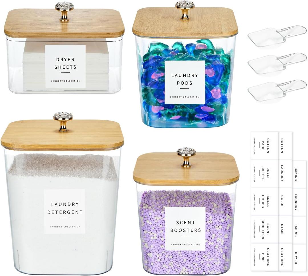 4 Pack Laundry Pod Containers and Dryer Sheet Holder for Laundry Room Organization Acrylic Jars with Lids and Labels for Laundry Detergent Laundry Pods Dry Sheet Organizing (2+1+1 Pack)