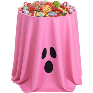 Tellingyou Halloween Tablecloth 70x70 Inch Round Cute Ghost Pumpkin Vampire Bat Polyester Washable Table Cover for Halloween Party Decoration (Pink,Ghost)