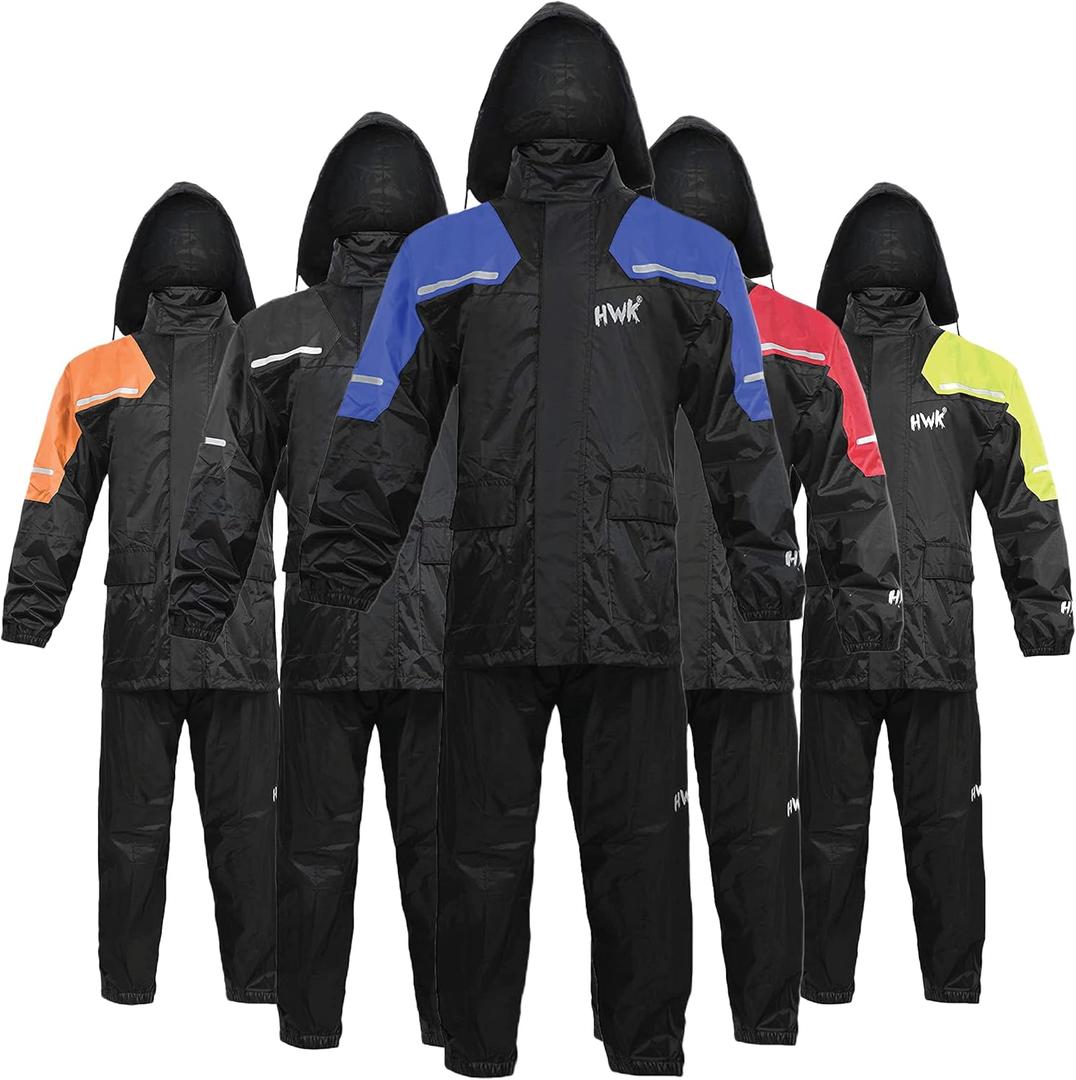 HWK Motorcycle Rain Suit for Men and Women, Two-Piece Waterproof Motorcycle Rain Gear with Reflective Jacket and Pants, All-Season Weatherproof Protection for Riding, Blue, Large