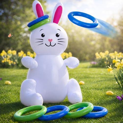 30" Easter Bunny Inflatable Ring Toss Game - Easter Games for Kids with 6 Rings - Weighted Bottom to Keep Inflatable Rabbit Upright - Family Outdoor Easter Party Games for Kids and Adults