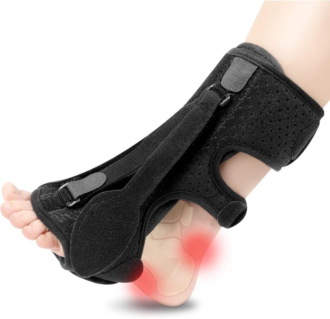 Plantar Fasciitis Night Splint, Plantar Fasciitis Relief Brace, 3 Adjustable Straps Relief Brace for Foot Drop, Achilles Tendonitis & Heel Pain - Day & Night Support (Black) (One Size)