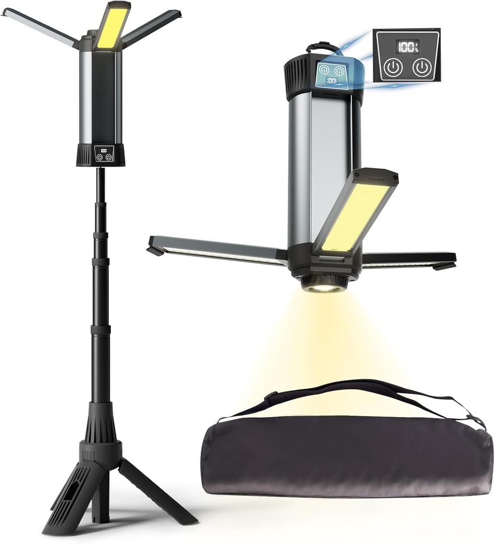Rechargeable LED Work Light with Stand - Cordless Work Lights Kit 3 Page Head,500/1000/2000 Lumen 3500/6500K Dimmable 6AH Camping Light with Detachable Tripod,Hooks and Carrying Bag