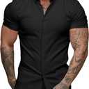 URRU Men's Muscle Dress Shirts Slim Fit Stretch Short Sleeve Casual Button Down Shirts for Men Black XL