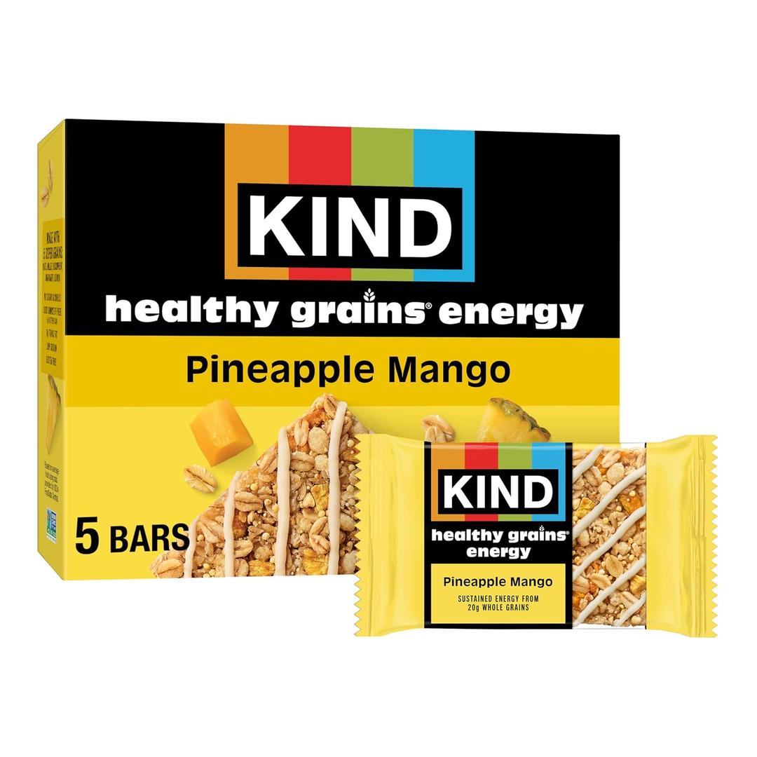KIND Healthy Grains Energy Bars, Pineapple Mango, Gluten Free, Healthy Snacks, 20g Whole Grains, 5 Count, BB: 12 AUG 2026