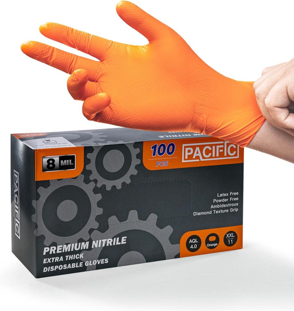 3 x PACIFIC PPE 8 Mil Heavy-Duty Strength Nitrile Gloves, Chemical Resistant, Diamond Texture Industrial Disposable Gloves, Orange, 100PCs, XX-Large