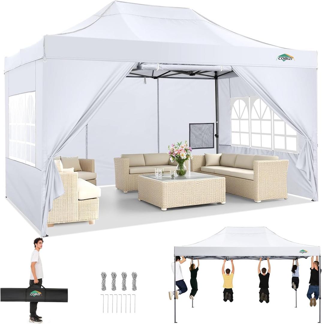 COBIZI 10x15 Pop up Canopy Heavy Duty with 4 Sidewalls, Easy Set-up Commercial Outdoor Party Canopy, 100% Waterproof Wedding Gazebo, 3 Height Adjustable with Handbag, White