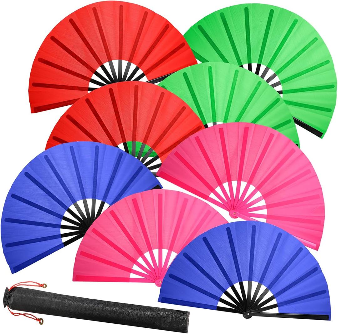 8 PCS Large Folding Fans Set for Line Dance & Popping, Chinese Kung Fu Hand Fans with 8PCS Fan Sleeves for Line Dancing for Men Women - Royal Blue, Rose Red, Green, Red