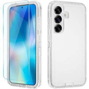for Samsung Galaxy S25 Plus Case, with HD Tempered Glass Screen Protector, Heavy Duty Shockproof Drop Protective Rugged Tough Durable Phone Cover (Clear)
