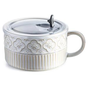 Gomakren Extra Large Soup Bowl with Handle, 39 Ounces Microwave Ramen Bowl, Ceramic Bowl with Lid, 6 Inch Soup Mug Cup for Cereal, Ramen, Instant Noodle, Beige White