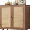 Huuger Buffet Cabinet with Storage, Storage Cabinet with Synthetic Rattan Decor Doors, Accent with Solid Wood Feet, Sideboard for Hallway, Entry, Living Room, Walnut